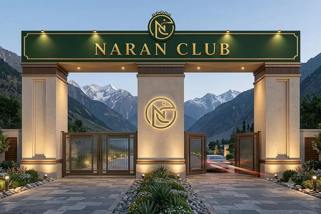 The Naran Club entrance gate beneath the mountains of Kaghan Valley