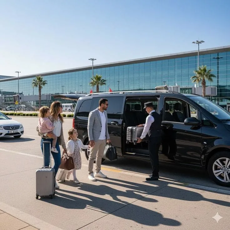 A chauffeur assisting a family with luggage beside a premium vehicle at the airport