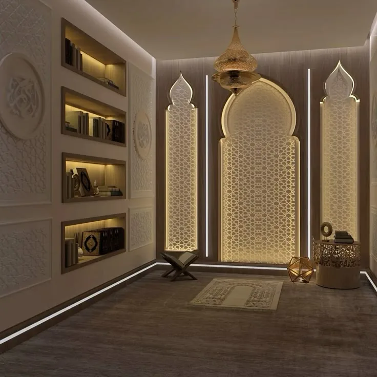 The Club's serene prayer room with soft golden lighting
