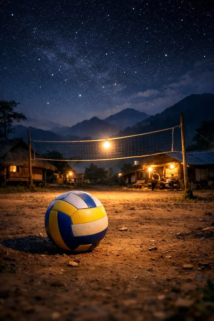 A volleyball resting on the floodlit village court at night, net and starry mountains beyond