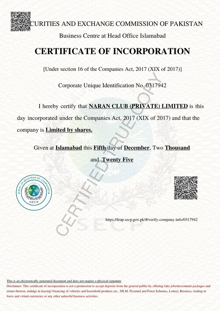 Certificate of Incorporation of Naran Club (Private) Limited issued by the Securities and Exchange Commission of Pakistan