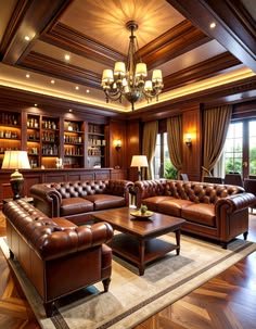 A classic leather lounge with chesterfield seating, bookshelves and warm light