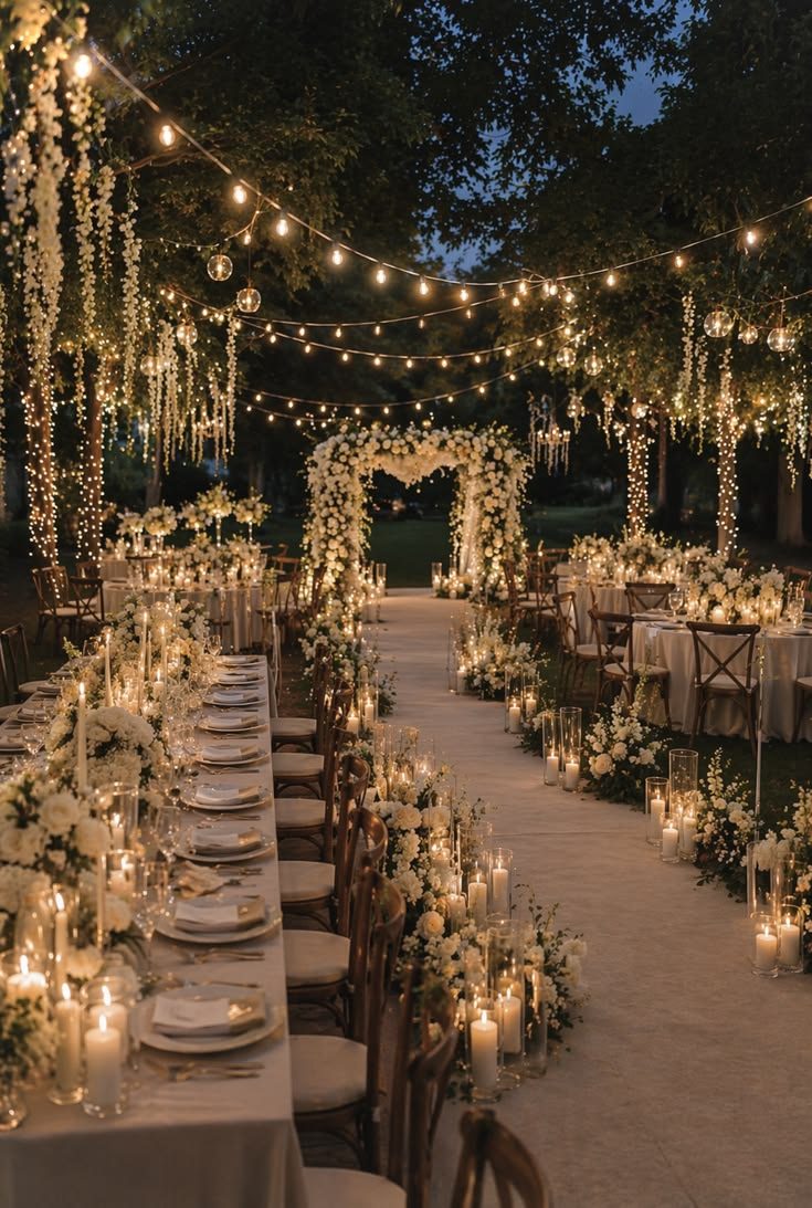 A candlelit wedding aisle and tables beneath strings of lights