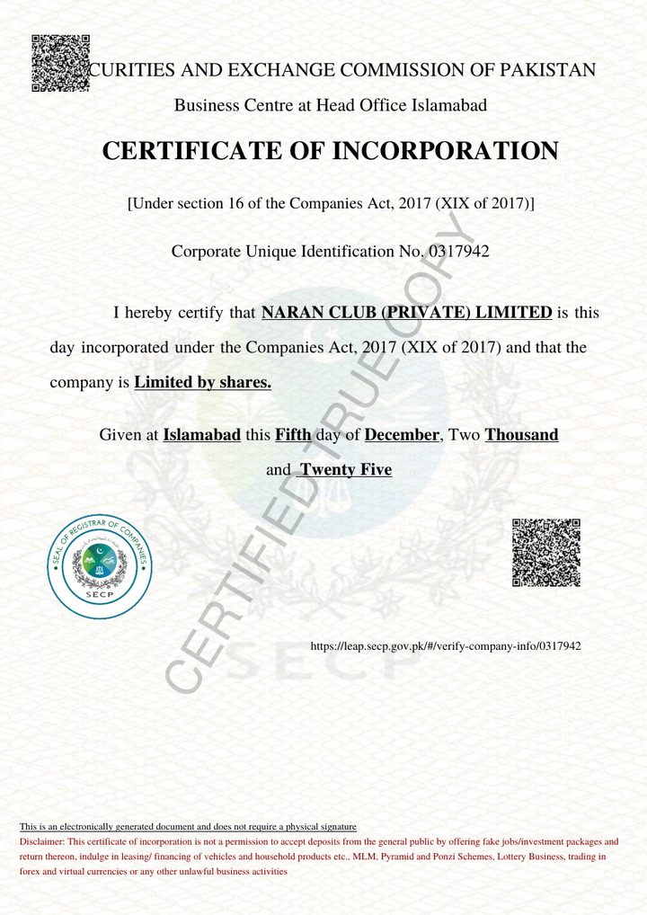 Certificate of Incorporation of Naran Club (Private) Limited issued by the Securities and Exchange Commission of Pakistan
